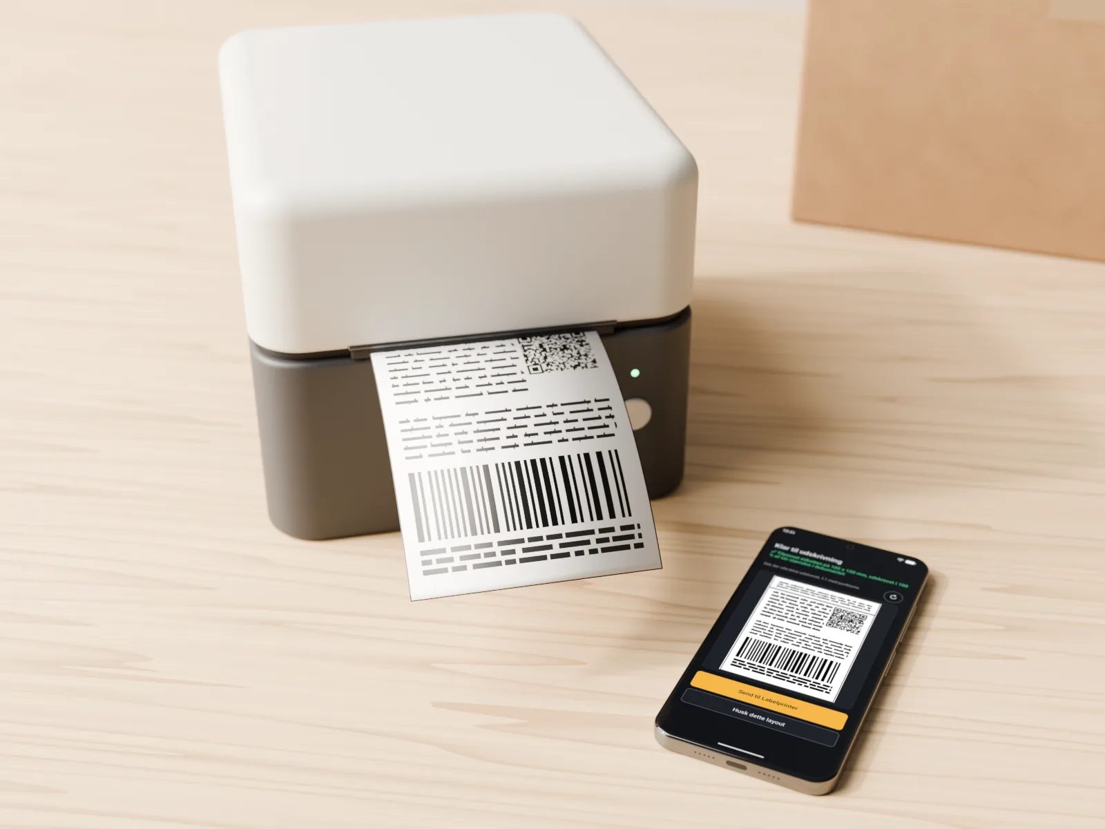 En labelprinter der printer en pakkelabel, og ved siden af en telefon der viser labelen klar til print