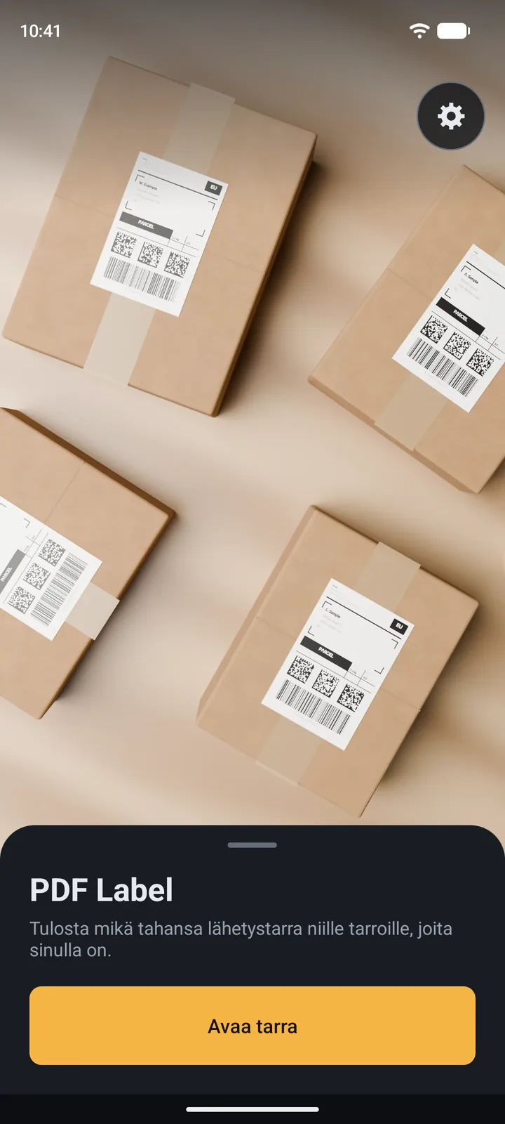 PDF Labelin aloitusnäyttö, jossa on Avaa osoitekortti -painike