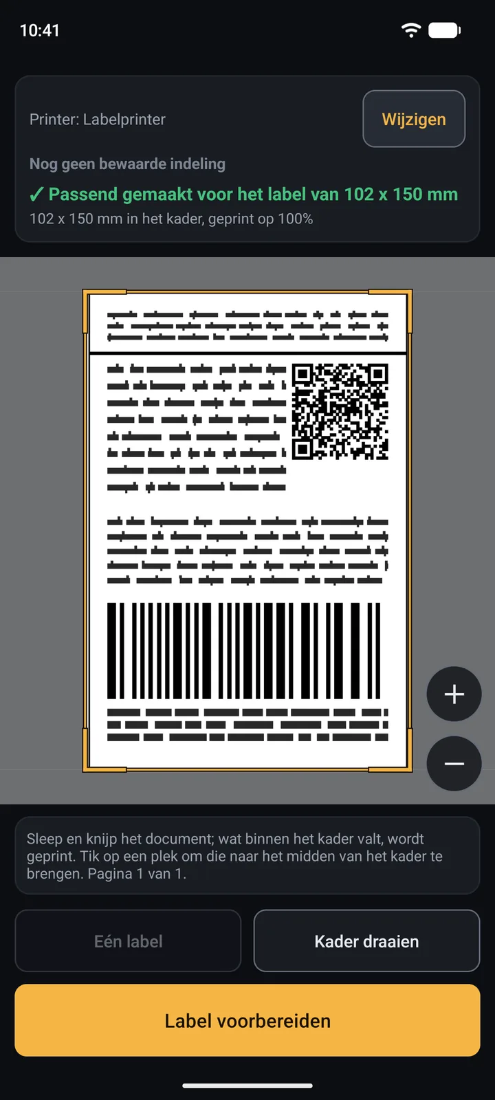 Het inkaderscherm: een verzendlabel op een pagina, binnen het kader