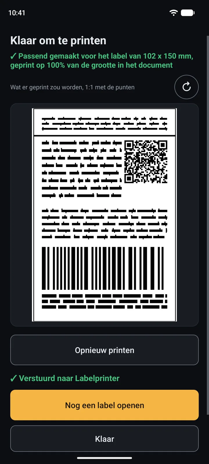 Het printscherm na het printen, met Opnieuw printen en Nog een label openen